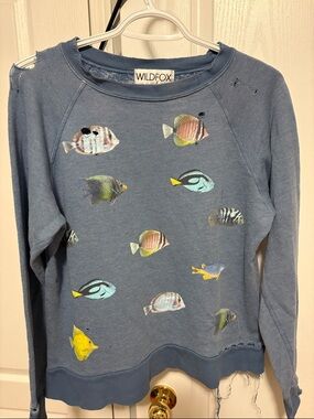 WILDFOX Dusty Blue Sweatshirt with Colorful Tropical Fish
